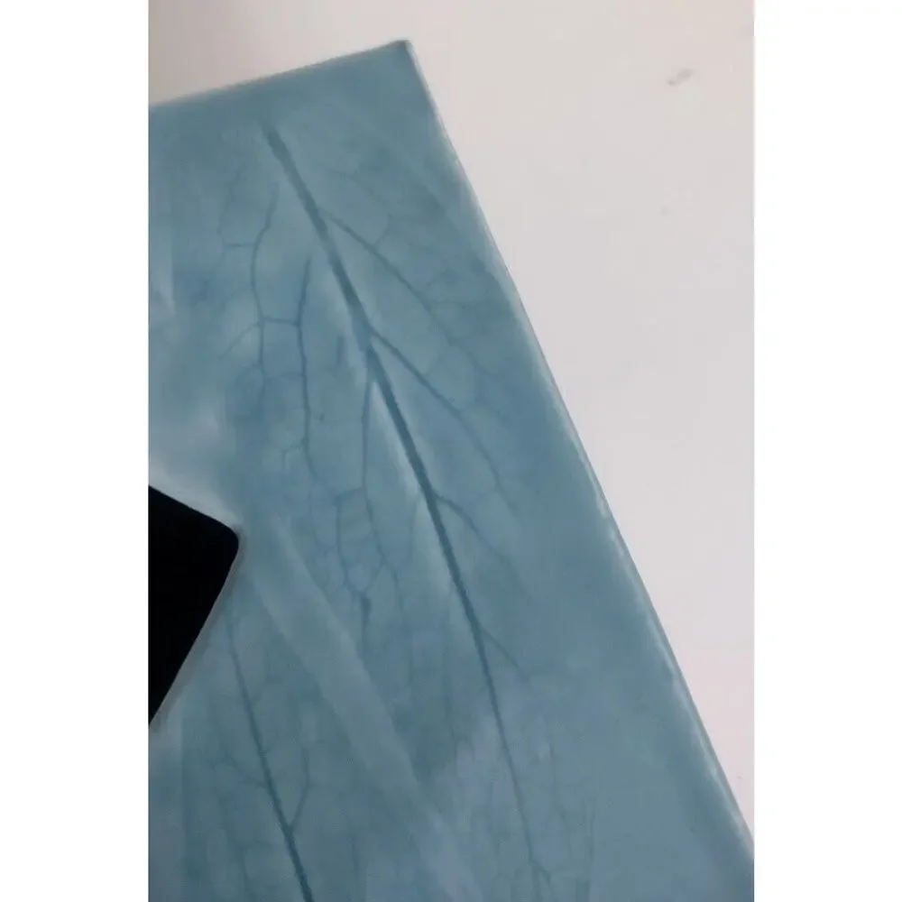 Ikebana Ceramic Vase, Unusual Square Shape with Leaf Imprints, Aqua‎ Blue